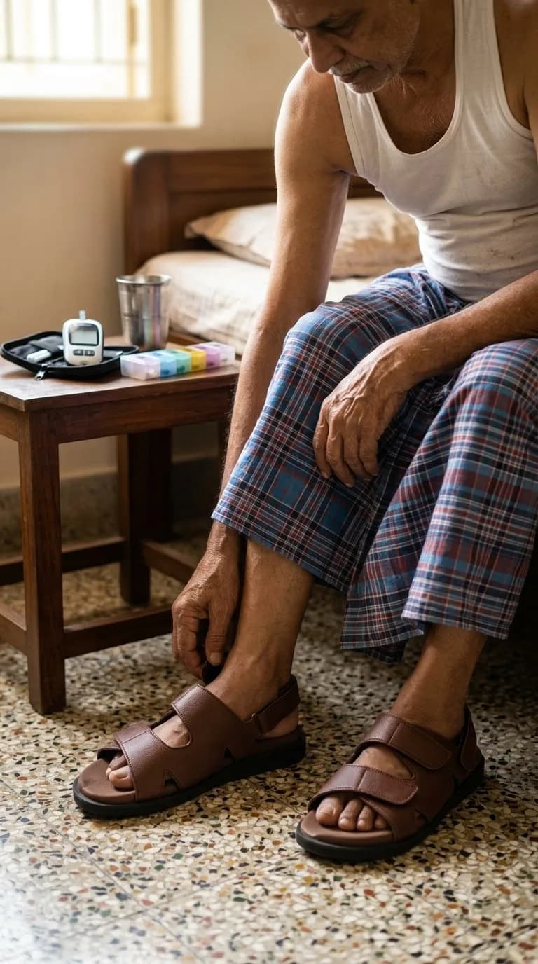 Man putting on a Softysoles Diabosole diabetic sandal next to his glucose meter